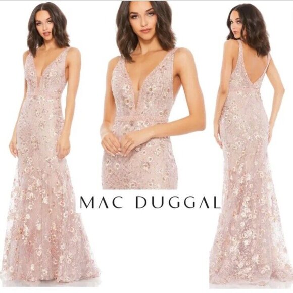 NWT MAC DUGGAL 67481 FLORAL EMBELLISHED BEADED PLUNGE NECK GOWN PINK - Picture 1 of 6